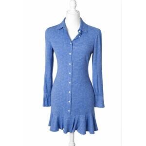 Derek Lam 10 Crosby Silk Blue Fit Flare Flounce Hem Preppy Long Sleeve Dress 0